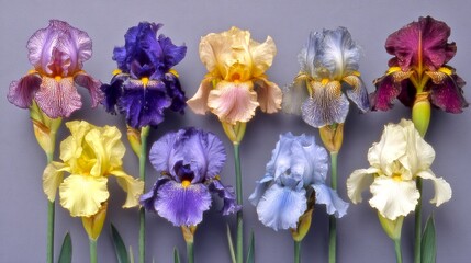 A vibrant collection of iris flowers showcases their stunning colors. Each bloom is unique and beautiful in its own way. This image captures a diverse floral arrangement. AI