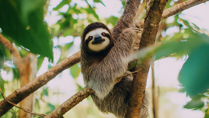 Fototapeta premium Adorable Three-Toed Sloth Hanging on Tree Branch in Lush Green Forest.