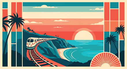 Coastal train journey illustration during sunset, with a white train on tracks alongside ocean and palm trees © wt