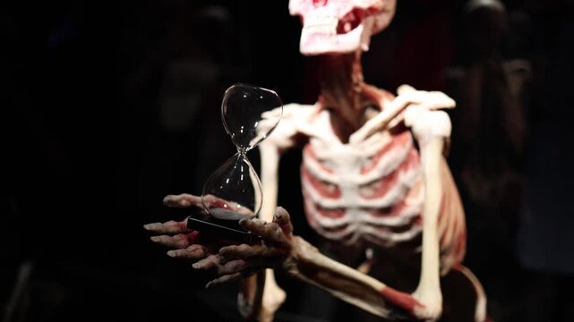 Time passing concept hourglass in human skeleton hands mortality life countdown fleeting time philosophy concept fragile existence awareness