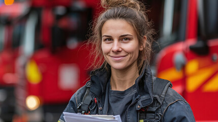 Obraz premium confident woman firefighter in protective uniform holding documents beside fire engines representing emergency response public safety professional service and workplace readiness