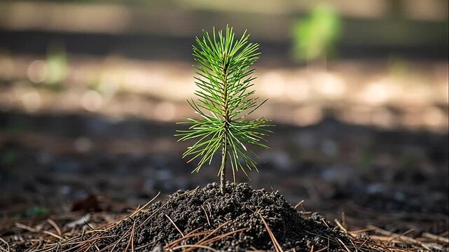Small Pine Tree Growing in Soil Outdoors.