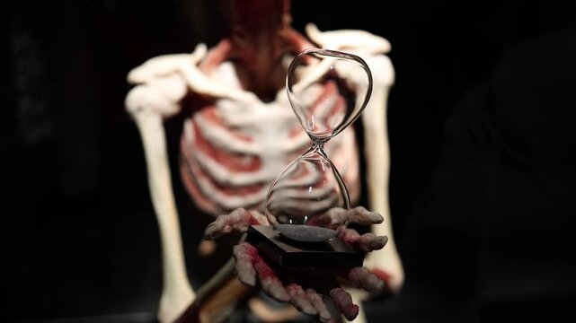 Hourglass in skeleton hands close up time concept mortality fragility life awareness human anatomy biology science medical education dark background dramatic lighting focus
