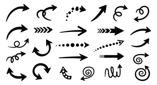 A collection of various black arrow and swirl shapes arranged on a white background presented as a silhouette high quality professional