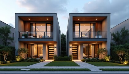 Fototapeta premium Modern duplex homes with clean lines and balconies. Exterior features include glass doors, balconies and landscaped yards with outdoor lighting. Reflects contemporary suburban living.