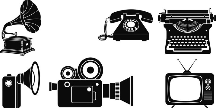 Vintage Technology Silhouettes Including Gramophone Rotary Telephone Typewriter Movie Camera and Retro Television Set Isolated on White Background for Nostalgic Design and Antique Themes