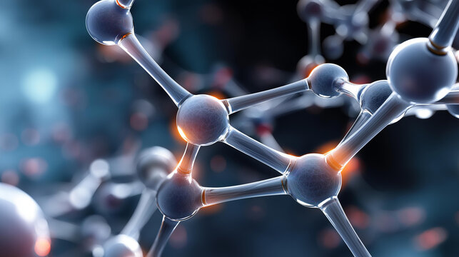 Macro close-up of interconnected molecular polymer structure visualization &mdash; glowing nodes and bonds representing durable engineered resin materials, polymer chain macro, resin
