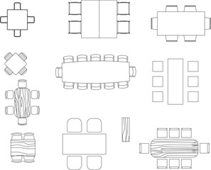 Technical architectural furniture blocks showing various dining table and chair arrangements in plan view including rectangular, square, round tables with wood grain textures. © Riki