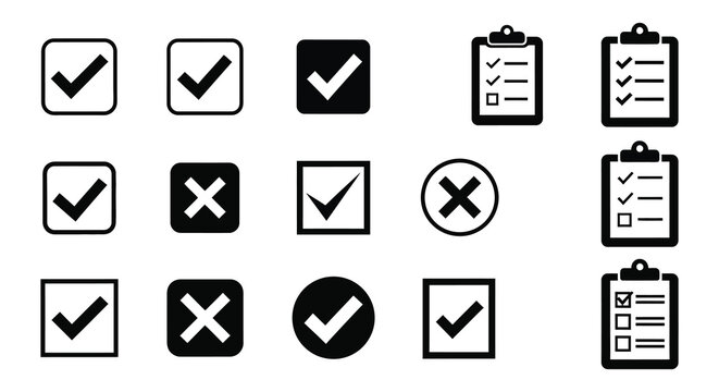 A collection of black checkmark and cross icons alongside clipboard outlines presented as a flat design silhouette high quality professional detailed