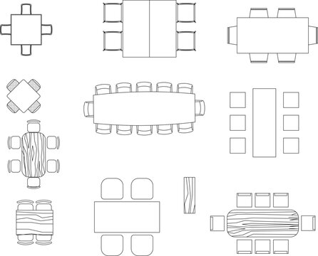 Technical architectural furniture blocks showing various dining table and chair arrangements in plan view including rectangular, square, round tables with wood grain textures.