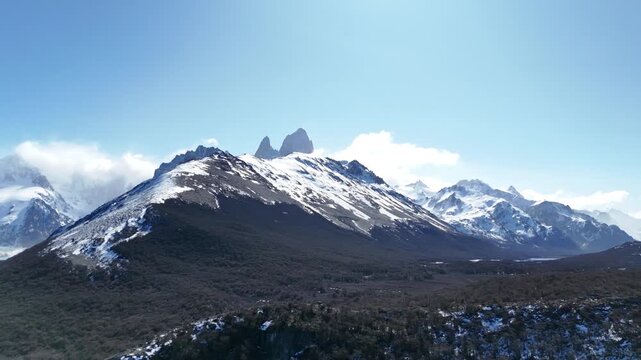 Majestic Mount Fitz Roy (Cerro Chalten) at sunrise. Iconic granite peaks and glaciers in Los Glaciares National Park.