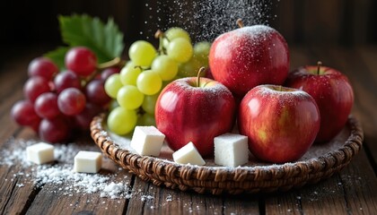 Red apples, green grapes sit on rustic wicker plate. Sugar cubes, powder sprinkled around fresh fruit. Composition suggests healthy eating, natural sweetness, food preparation for desserts healthy