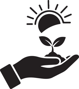 Environmental conservation icon with hand holding plant and sun, sustainable growth concept, ecology and nature protection vector