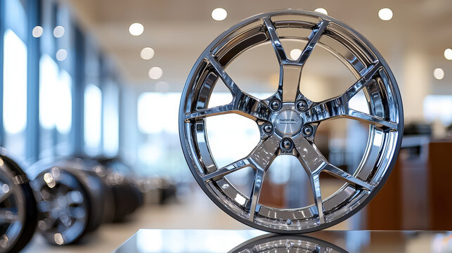 A shiny chrome car rim is displayed in an automobile dealership with a blurred background of other wheels and bright ambient lighting for an upscale look.