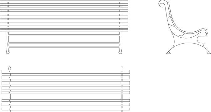 Technical architectural furniture blocks showing a slatted bench in multiple orthographic views including elevation, plan and decorative side view with curved armrest.
