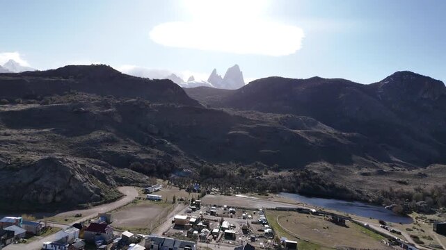 Majestic Mount Fitz Roy (Cerro Chalten) at sunrise. Iconic granite peaks and glaciers in Los Glaciares National Park.