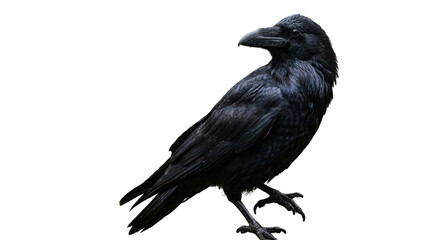 Obraz premium Black crow standing on one leg isolated on white background
