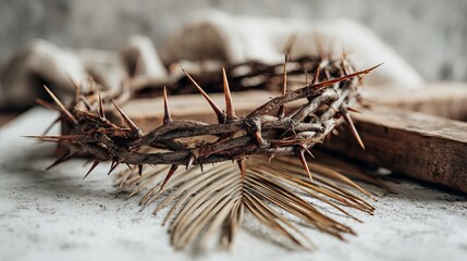 A crown of thorns rests on a wooden block with a palm branch nearby
