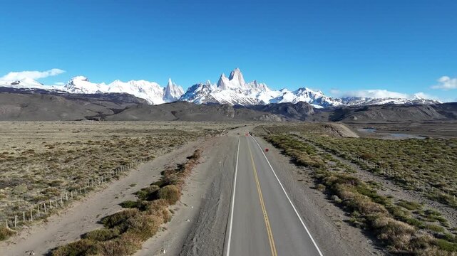 Majestic Mount Fitz Roy (Cerro Chalten) at sunrise. Iconic granite peaks and glaciers in Los Glaciares National Park.