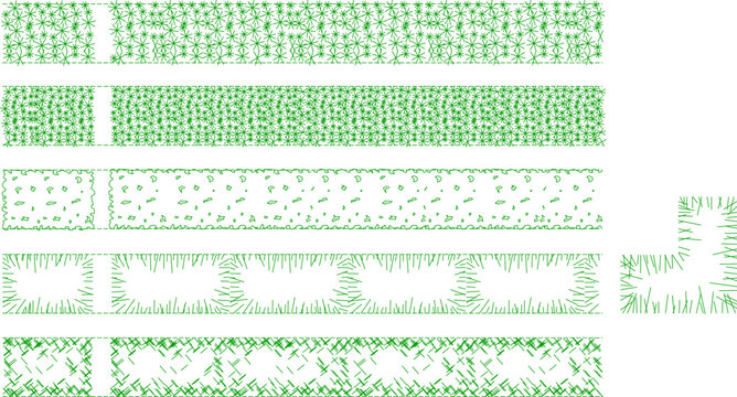Technical landscape architectural symbols showing various vegetation patterns including dense plantings, ground cover, grass textures and scattered shrubbery in green line work for site plans.
