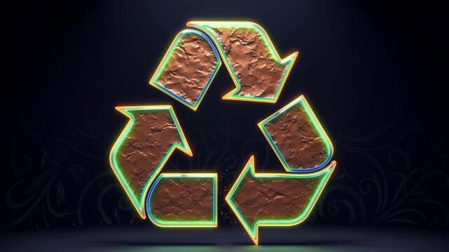 Glowing neon recycle symbol animation on black background with subtle floral pattern, loopable motion graphic clip