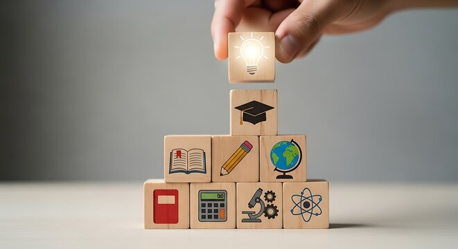 STEM Education Concept With Science Icons And Idea Light Bulb Block