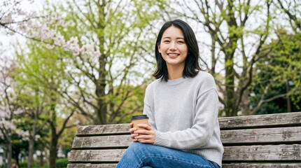 Obraz premium 公園のベンチに座りコーヒーを片手に微笑む若い女性
