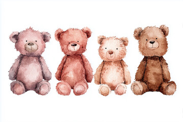 Vintage Watercolor Teddy Bears, Hand Painted Plush Toys, Cute Retro Nursery Illustration Isolated on White