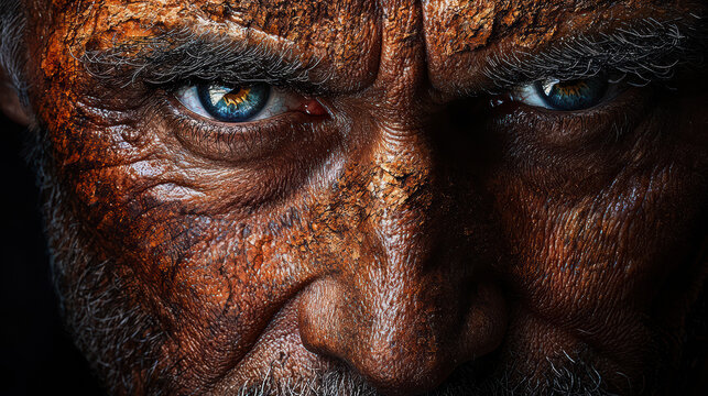 An intense close up portrait reveals the weathered and textured face of an older man with piercing blue eyes, conveying strength and a lifetime of experience.