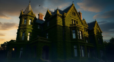 Obraz premium Victorian Mansion Silhouette Against Dramatic Sunset Sky.