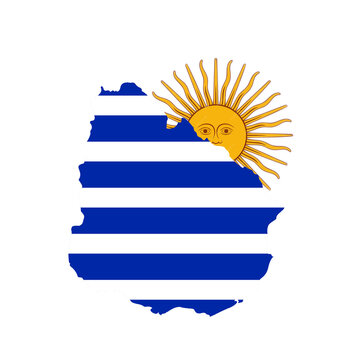 Uruguay Silhouette mit Landesflagge und strahlender Sol de Mayo Sonne auf schwarzem Hintergrund