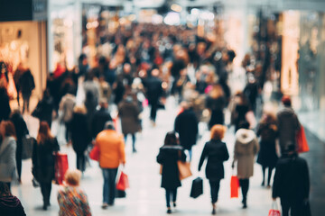 Abstract Blurred Crowd Shopping in Modern Mall Interior, Busy Urban Lifestyle and Consumer Activity Concept