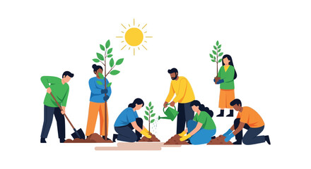 A group of people are planting trees and tending to young plants under a bright sun silhouette high quality professional detailed © GDOthoi02
