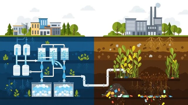 Illustration showing urban wastewater treatment and waste decomposition cycle in nature for ecology education
