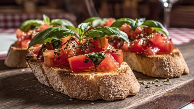 Fresh bruschetta with tomatoes and basil served on a rustic board