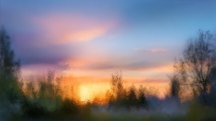 Fototapeta premium A serene landscape of trees silhouetted against a vibrant sunset with a misty atmosphere