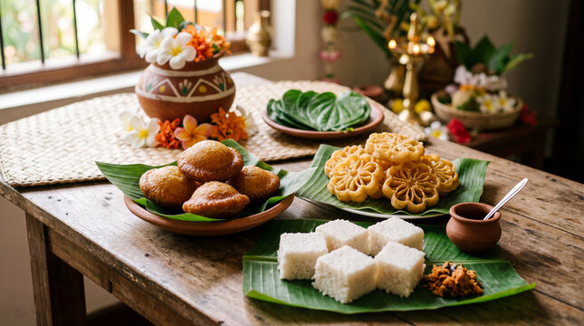 A close-up of authentic Sri Lankan festive sweets like Kavum, Kokis, and Kiribath arranged for an Avurudu celebration. The scene includes traditional clay pots and oil lamps on a wooden table.