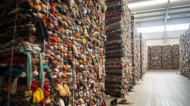 Stacks of compressed textile waste form colorful walls in large industrial warehouse interior footage