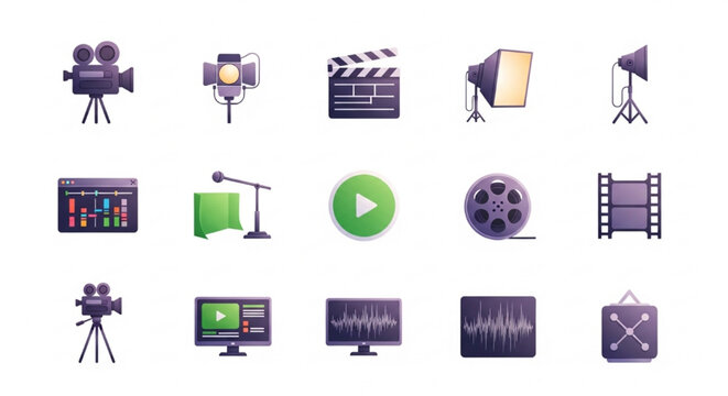 Filmmaking and video production icons with gradient colors.