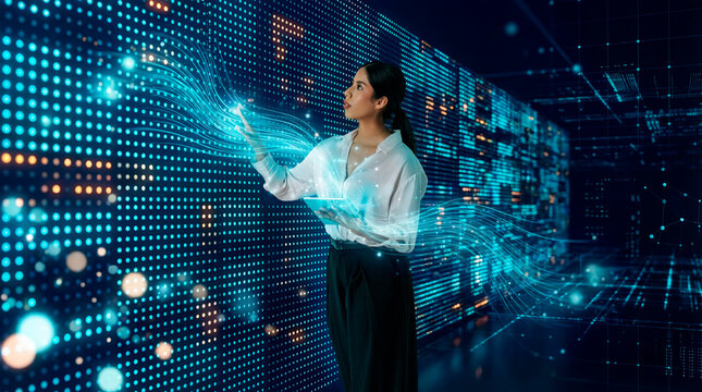 Latin woman interacting with digital data wall using tablet