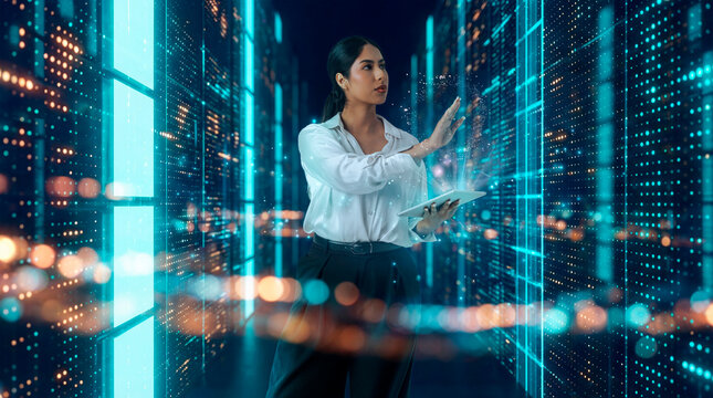 Latin woman using tablet in futuristic data center interface