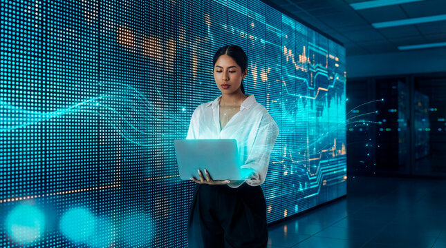 Data analyst working on laptop with digital market charts, Latin woman