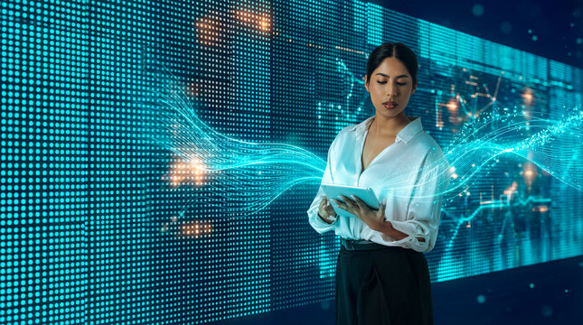 Woman analyzing data on tablet with digital analytics wave, Latin professional