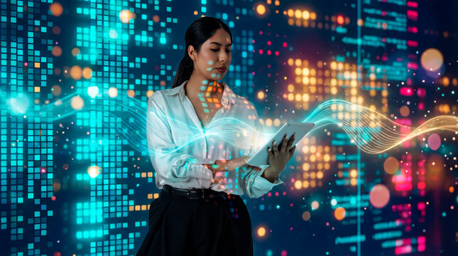 Latin business woman using tablet with digital data wave