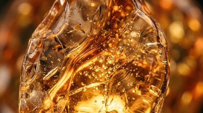 Captivating macro shot of rich golden amber whiskey with intricate ice textures and effervescent bubbles, creating a warm, inviting abstract background.