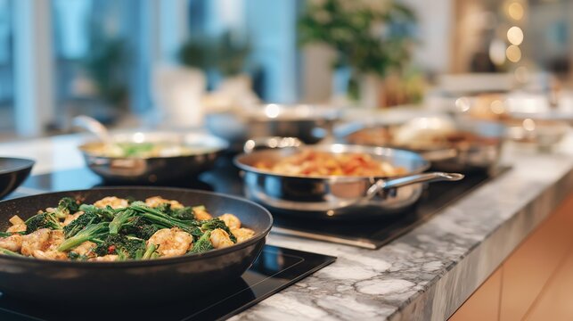 Meal prep Sunday ritual in luxury apartment kitchen, organized chaos of multiple recipes cooking simultaneously, stainless appliances and marble surfaces covered with healthy ingredients, ideal for