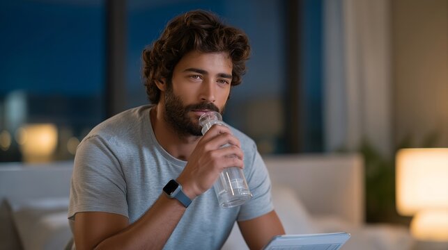 Patient using incentive spirometer for lung exercises while tracking oxygen saturation levels on smartwatch in bedroom recovery space with medications and breathing treatment schedule posted, ideal