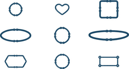 Nautical rope frames set, twisted marine cord borders, round oval square rectangle and heart ropework decorative elements, vintage maritime badges and labels isolated on transparent background © Yehor