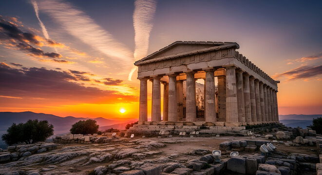 Ancient Greek Temple Structure at Sunset.