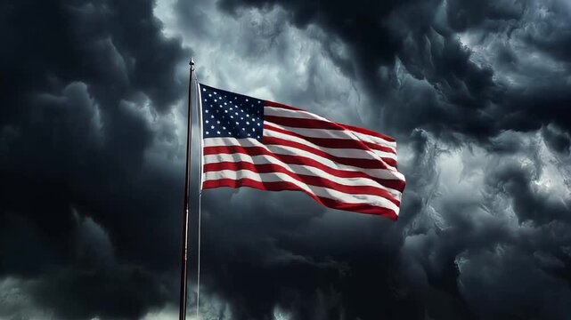 American Flag Waving Against Dramatic Stormy Dark Sky Seamless Loop
